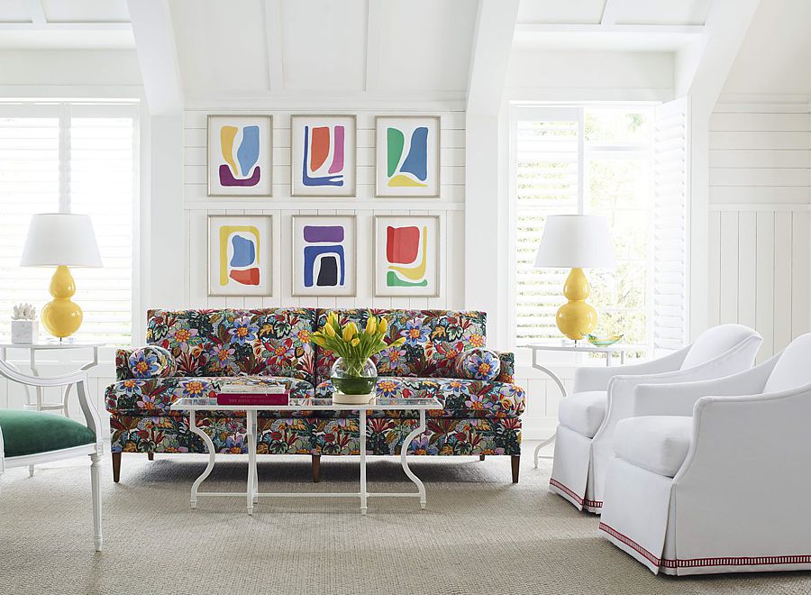 This floral sofa adds a traditional touch to this contemporary living room.