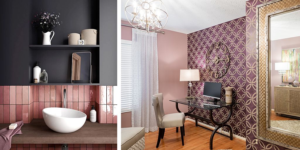 Equipe tile glows pink in this powder room.